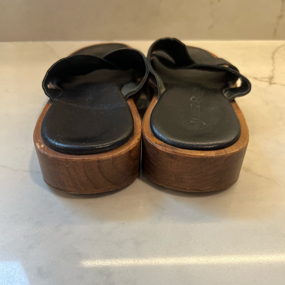 J. Crew Black Leather Wooden Heel Sandals Cross Straps Neutral Minimalist Chic - Picture 4 of 10